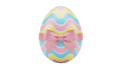Pastel Easter egg with pink bow isolated PNG, colorful spring holiday egg with wavy stripes on transparent background for design elements
