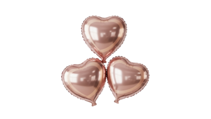 Three rose gold heart balloons isolated PNG on transparent background, love and celebration decoration for party and Valentine s Day