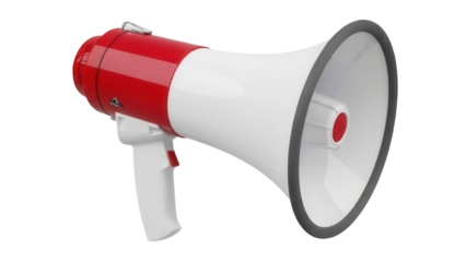 Red and white megaphone PNG isolated on transparent background, bullhorn loudspeaker for announcements and emergency situations