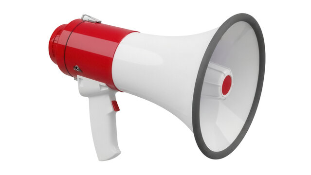 Red and white megaphone PNG isolated on transparent background, bullhorn loudspeaker for announcements and emergency situations