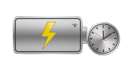 Battery charging with clock PNG isolated on transparent background, power energy concept for graphic design and web use