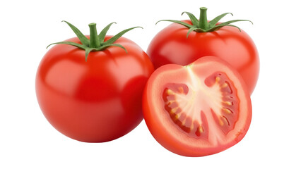 Three ripe red tomatoes PNG isolated on transparent background, fresh whole and halved tomato for healthy eating and cooking