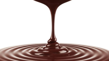 Delicious dark chocolate syrup pouring isolated PNG, rich brown liquid dessert topping for ice cream and confectionery use on transparent background