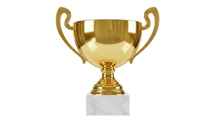 Golden trophy cup isolated PNG on transparent background, award prize for winning and success concept Shiny gold metal trophy with handles and marble base