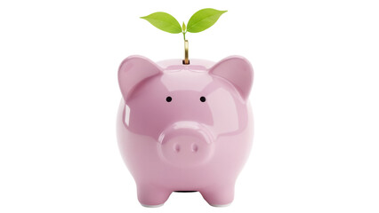 Pink piggy bank with green sprout isolated PNG, symbol of growth and investment on transparent background, financial planning and savings concept
