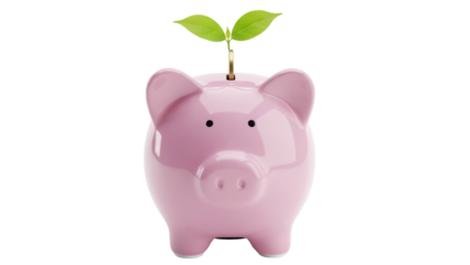 Pink piggy bank with green sprout isolated PNG, symbol of growth and investment on transparent background, financial planning and savings concept