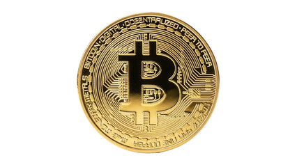 Golden Bitcoin coin isolated PNG on transparent background, cryptocurrency digital money for investment and finance