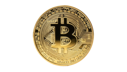 Golden Bitcoin coin isolated PNG on transparent background, cryptocurrency digital money for investment and finance