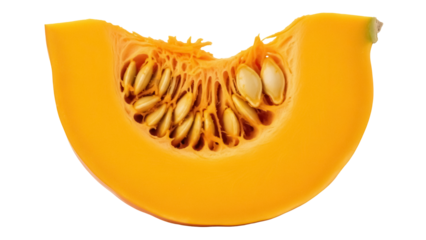 Vibrant orange pumpkin slice isolated PNG, fresh autumn squash with seeds on transparent background for seasonal designs and culinary projects