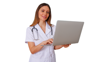 Female doctor using laptop for telemedicine, providing online consultation and digital healthcare services, transparent background