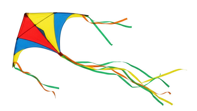 Colorful diamond kite PNG isolated on transparent background, red yellow blue kite with streamers for outdoor fun and childhood memories