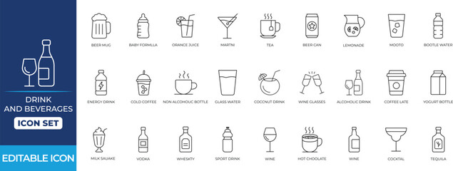 Drink and beverages line icon set with coffee, tea, glasses, pub, bubble, alcoholic, soda, juice, alcohol, cups, and bottles for menus, cafes, apps.