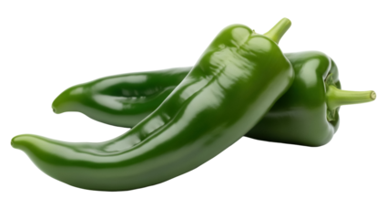 Two green poblano peppers isolated PNG, fresh chili peppers on transparent background for cooking and healthy eating