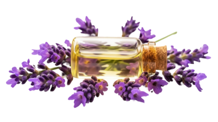 Aromatic lavender essential oil in glass bottle isolated PNG, natural remedy for relaxation and aromatherapy on transparent background