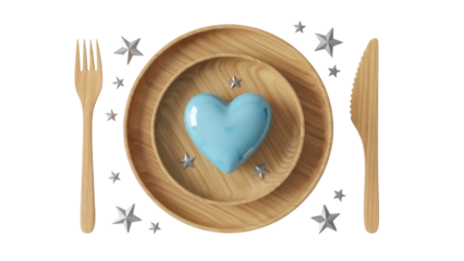 Wooden plate with blue heart isolated PNG, romantic dinner setting with fork and knife on transparent background, love and celebration concept