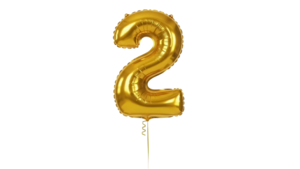 Golden number two balloon isolated PNG, shiny metallic foil party decoration for birthday celebration and anniversary on transparent background