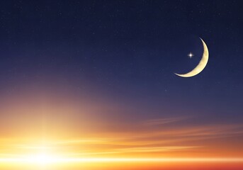 Naklejka premium Crescent moon and star in the night sky with sunset