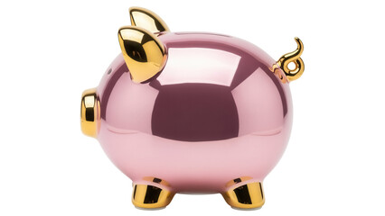 Fototapeta premium Shiny pink piggy bank isolated PNG, golden details on transparent background, savings and investment concept for financial projects