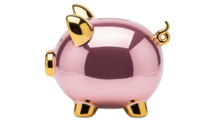 Shiny pink piggy bank isolated PNG, golden details on transparent background, savings and investment concept for financial projects