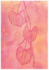 Watercolor branch with autumn red leaves, watercolor red branch illustration