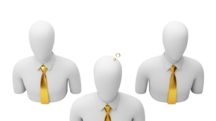 Three faceless mannequin businessmen with golden ties PNG isolated on transparent background, business concept for leadership and problem solving