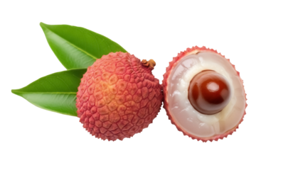 Fresh lychee fruit PNG isolated on transparent background, tropical fruit with green leaves for healthy eating and exotic cuisine