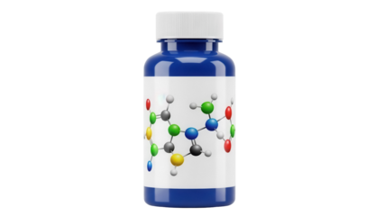 Blue medicine bottle with molecule isolated PNG, pharmaceutical container on transparent background for healthcare, science and medical use