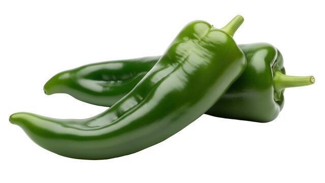 Two green poblano peppers isolated PNG, fresh chili peppers on transparent background for cooking and healthy eating