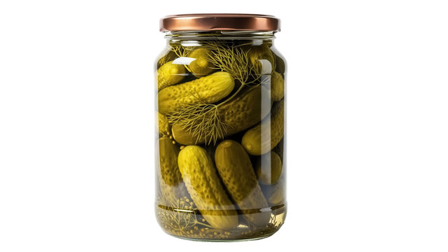 Pickled cucumbers in a glass jar isolated PNG, homemade dill pickles for canning and food preservation on transparent background