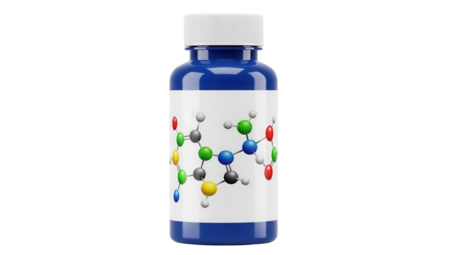 Blue medicine bottle with molecule isolated PNG, pharmaceutical container on transparent background for healthcare, science and medical use - Powered by Adobe