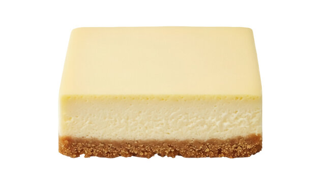 Delicious cheesecake square isolated PNG on transparent background, creamy dessert with graham cracker crust for food design