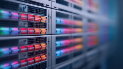 Naklejka premium Scalable AI infrastructure, A close-up view of modern server racks, showcasing colorful lights and advanced technology in a data center environment.