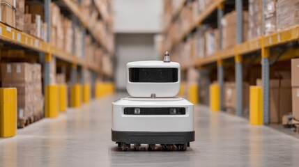 Scalable AI infrastructure, A robotic device navigates a warehouse aisle lined with boxes, showcasing automation in logistics and inventory management.