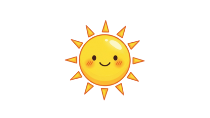 Smiling sun cartoon character PNG isolated on transparent background, cute yellow sun with rays for kids design and weather concepts