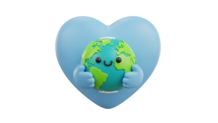 Cute Earth globe with heart hands PNG isolated on transparent background, cartoon planet hugging for love and care concept