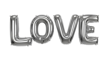 Silver LOVE balloon letters isolated PNG, metallic foil balloons for Valentine s Day, wedding, anniversary, or romantic celebration decoration