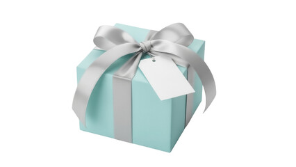 Obraz premium Light blue gift box with silver ribbon isolated PNG, present for birthday or special occasion on transparent background