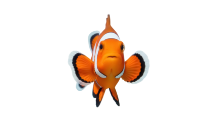 Orange clownfish PNG isolated on transparent background, vibrant tropical reef fish with distinctive white stripes and black markings, marine wildlife