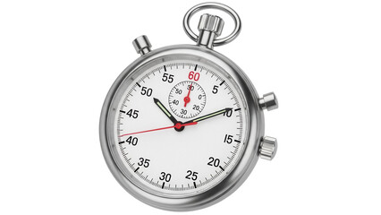 Classic silver stopwatch isolated PNG on transparent background, time measurement tool for sports and productivity tracking