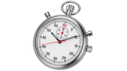 Classic silver stopwatch isolated PNG on transparent background, time measurement tool for sports and productivity tracking