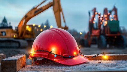 Bright red hard hat adorned with colorful lights resting on wooden planks in front of construction equipment during twilight hours on a chilly evening