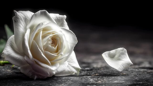 Single white rose with fallen petal on dark rustic wood, elegant floral beauty purity innocence concept closeup