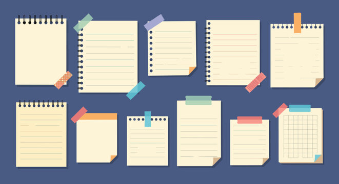 Collection of various notebook paper sheets and memo pads with colorful tape and spiral bindings provides realistic paper elements.