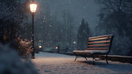 Snowy wooden bench beside glowing street lamp in winter park at night, magical serene urban snowscape atmosphere