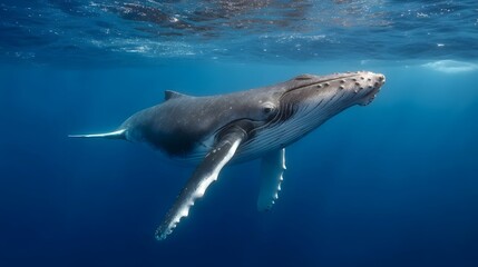 Fototapeta premium Humpback whale gracefully swims in deep blue ocean water with sunlight filtering from the surface