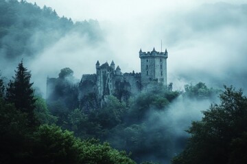 Naklejka premium Mist envelops an ancient castle nestled in the forest during early morning hours