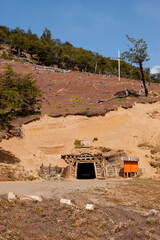 Entrance of an old coal mine surrounded with flowers and arid landscape