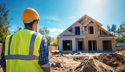 Construction Worker in Safety Gear Observing New Home Building Site Under Clear Blue Sky with Sunlight Streaming Down on the Construction Progress