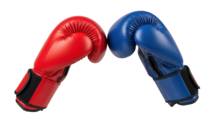 Red and blue boxing gloves isolated PNG, sports equipment for combat sports and martial arts training on transparent background