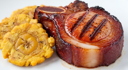 Grilled pork chop with fried plantains served on a white plate.